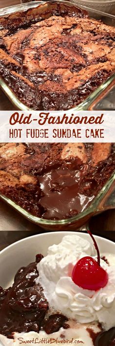 an old fashioned hot fudge sundae cake with whipped cream and cherries