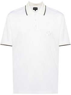 white/black embroidered logo at the chest contrasting trim polo collar short front button fastening drop shoulder short sleeves straight hem Armani Logo, Embroidered Polo Shirts, Contrasting Trim, Polo Shirt White, Polo Collar, Contrast Trim, Polo Shirts, Mulberry Silk, Shirt White