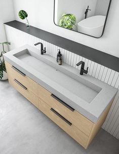 a bathroom with two sinks and a mirror on the wall next to plants in pots