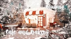 an image of a cafe and bakery through the window with snow falling all over it