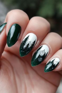 Forest Nail Design, Outdoor Themed Nails, Green Tree Nails, Winter Forest Nails, Deer Nail Designs Hunting Season, Green And Black Christmas Nails, Snowboard Nails, Forest Themed Nails, Forest Wedding Nails