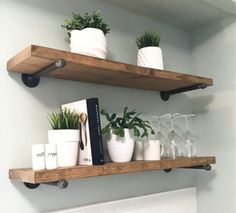 two wooden shelves with plants and wine glasses on them, one shelf is holding books