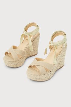 Pair your new maxi dress with the Lulus Esme Natural Lace-Up Espadrille Wedges! Beige canvas straps cross over an almond toe bed, while an ankle strap (with silver grommets) supports wide laces that wrap and tie around the ankle. 4. 75" espadrille-wrapped wedge. Cushioned insole. Nonskid rubber sole. All vegan friendly, man made materials. Imported. Lulus | Esme Natural Lace-Up Espadrille Wedges. Beige Fabric Sandals For Summer, Summer Vacation Cross Strap Wedge Sandals, Summer Cross Strap Wedge Sandals For Beach, Cross Strap Wedge Sandals For Summer Beach, Cross Strap Wedge Sandals For Beach In Summer, Beige Fabric Sandals For Vacation, Chic Beige Fabric Sandals, Beige Fabric Wedge Sandals For Summer, Chic Fabric Wedge Sandals For Vacation