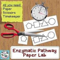 a pair of scissors next to some cut out pieces of paper with the words enzymatic pathway on it