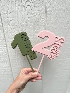 a hand holding a pink and green cake topper with the number two on it