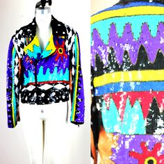 "Love this Amazing sequin jacket..full of style and full of pattern...make a statement and wear this fabulous jacket so that all eyes turn on you! Excellent condition!! Measuring: 19\" length Width: 40\"+ Sleeves: 22\" Pet Free/smoke free Enjoy!" Spring Party Outerwear With Patchwork, Winter Festival Sequined Outerwear, Funky Multicolor Fall Outerwear, Spring Bohemian Outerwear With Sequins, Trendy Multicolor Sequined Outerwear, Multicolor Sequined Outerwear For Fall, Funky Long Sleeve Outerwear For Fall, Fitted Multicolor Sequined Outerwear, Multicolor Embellished Outerwear For Winter