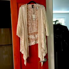 Nwt Gorgeous Boho Lace Crochet Kimono Jacket. Size M. Will Fit Most. 27” Long To The Back, 3’ Long In Front, 22” Wide. White Fitted Bohemian Outerwear, Fitted White Bohemian Outerwear, Fitted White Outerwear For Festival, Cream Outerwear With Lace Trim For Spring, Bohemian Spring Outerwear With Lace Trim, Spring Bohemian Outerwear With Lace Trim, Fall Lace Outerwear With Open Front, Spring Lace Outerwear With Open Front, Fall Lace Open Front Outerwear