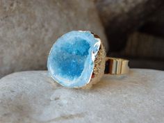 Druzy Ring, Gold Gemstone Ring, Big Natural Raw Druzy Ring, Blue Druzy Agate Gemstone, Gold Plated B Blue Wedding Rings With Natural Stones, Wedding Blue Rings With Natural Stones, Mens Gold Signet Rings, Ruby Red Necklace, Champagne Ring, Gold Ear Climbers, Big Stone Ring, Blue Stone Necklace, Druzy Jewelry