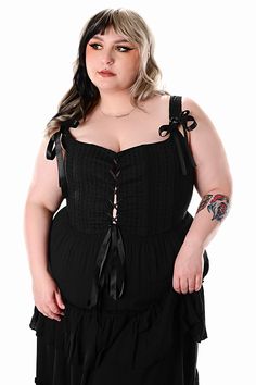 Yvonne Corset Top – FOXBLOOD Ribbon Corset, Summer Dress Black, Black Corset Top, Split Hair, Hair Color Pink, Lace Camisole, Black On Black, Black Corset, Model Hair