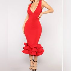 Long Red Fitted Deep V Neckline With Ruffles At The Bottom Fitted Red Midi Dress With Ruffles, Red Fitted Midi Dress With Ruffles, Red Midi Dress With Ruffle Hem For Party, Red Ruffle Hem Midi Dress For Party, Red V-neck Midi Dress With Ruffle Hem, Red Midi-length Dress With Ruffle Hem, Red Sleeveless Midi Dress With Ruffles, Red Midi Dress With Ruffle Hem, Red Ruffled Midi Dress For Party