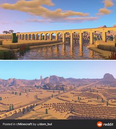 two views of the same bridge in minecraft