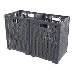 two black plastic baskets sitting next to each other