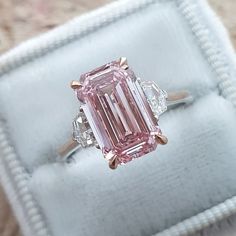 Pink Emerald Engagement Ring, Pink Emerald Cut Diamond Wedding Ring, Light Pink Engagement Ring, Pink Wedding Ring, Pink Emerald-cut Diamond Ring, Emerald Cut Morganite Rings With Accent Stones, Pink Emerald-cut Diamond Ring With Center Stone, Pink Morganite Emerald-cut Jewelry, Fancy Pink Diamond Ring