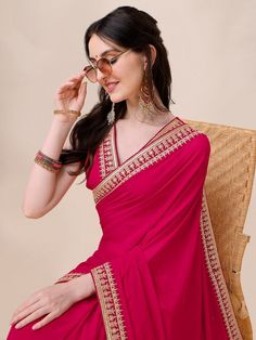 Magenta colored sareeEmbroidered saree with borderHas embroidered detailsDisclaimer:The blouse worn by the model could be for modelling purpose only, please check the image of the actual blousepiece Embroidered Saree, Bandhani Saree, Blouse Sale, Party Kleidung, Saree With Blouse, Georgette Sarees, Half Saree, Printed Sarees, Saree Styles