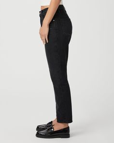 The Billy Crop is our newest high-rise slim straight leg with a cropped ankle length silhouette. This pair is cut from super soft denim with a hint of stretch for comfort in a black wash with light distressing. | Billy Crop Straight Jean - Dark Dawn Distressed Black | Size 25 Men Store, Denim Shoes, Covered Buttons, Straight Jeans, Denim Women, Ankle Length, Straight Leg, High Rise, Black