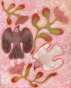 a painting of flowers and leaves on a pink background