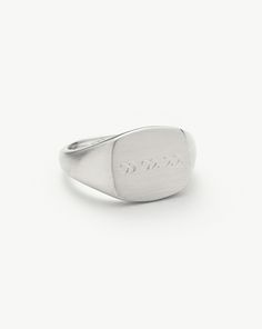 Mens Engravable Signet Ring | Sterling Silver. Handcrafted for Him. The Classic Signet Ring in Sterling Silver is Upgraded with a Brushed Finish and Rounded Edges, Plus It Can be Engraved on Top and on the Band's Outer Sides. Pair with a Chunky Chain Bracelet for a Statement Look. Please Note: Engraving Items May Take 7-10 Working Days to Process. Metal: Rhodium Plated on Recycled Sterling Silver Dimensions: 12. 5mm X 11. 5mm Weight: 7. 5g Product Code: Mj-S-R4-Ns Double Chain Necklace, Gold And Silver Rings, Double Chain, Gold Price, Demi Fine Jewelry, Ring Size Guide, Recycled Sterling Silver, Conflict Free Diamonds, Signet Ring