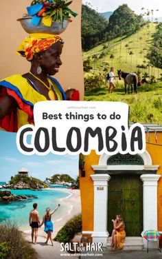 collage of photos with the words best things to do in colombia on it and people walking around