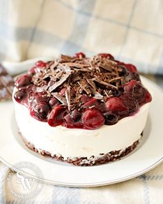 black forest cheesecake on a white plate