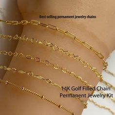 This listing is for the permanent jewelry starter pack of 14k gold filled chains made in USA. They are the best-selling chains suitable for permanent jewelry.  Satellite Chains - 1.9mm balls, Cable link -1.3 x 1.5mm  Dapped Bar chains -Bar Dimensions: 8.5mm x 1.3mm Figure 8 chain-Link size: 3mm by 2.1mm  Heart Chain- Link size 2.85*4mm  Paper Clip chain- Link size - 6.5mm x 2.5mm We offer different packs, please choose the one you need. 3 feet pack:  3 feet for each style chain- can make about 3 Bar Dimensions, Permanent Jewelry, Salon Suites, Jewelry Accessories Ideas, Dope Jewelry, Forever Jewelry, Heart Chain, Figure 8, Charm Necklaces