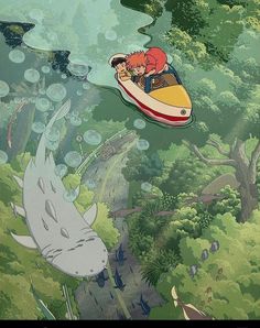 two people in a small boat floating on top of the water next to an animal