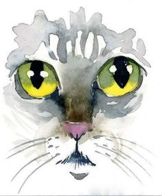 a watercolor painting of a cat's face with yellow eyes