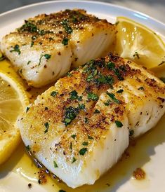 two fish fillets on a plate with lemon slices