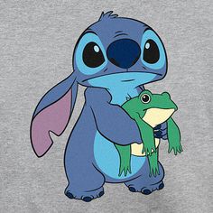 a cartoon character holding a frog on top of a grey t - shirt with blue eyes