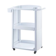 a white plastic shelf with wheels and two shelves on each side, in front of a white background