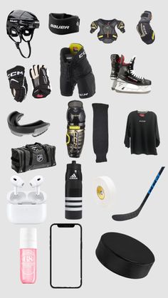 an assortment of sports equipment including hockey gear