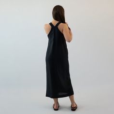 "This minimalist, clean-line look midi linen dress is perfectly tailored to your body for an ultra-elegant look in your style. Complete your style with our LINEN SHIRT or KID MOHAIR CARDIGAN. See our CAPSULA COLLECTIONS section: https://www.etsy.com/shop/zzlinen?ref=seller-platform-mcnav&section_id=42301024 This garment is made of finest quality stone washed linen, 100% linen with OEKO-TEX certificate. Perfect for various stylings and occasions, you will feel light and relaxed anywhere you go! D Black Linen Summer Dress For Daywear, Modern Black Maxi Dress For Work, Chic Black Linen Beach Dress, Chic Black Linen Dress For The Beach, Fitted Minimalist Black Dress, Black Fitted Minimalist Dress, Solid Midi-length Linen Dress For Beach, Solid Midi Length Linen Dress For Beach, Midi-length Linen Dress For Beach