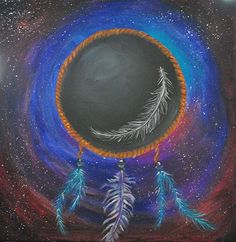 a painting of a black circle with white feathers on it and stars in the background