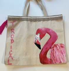 Hand painted Flamingo tote bag. Hand Painted Summer Tote Bag, Hand Painted Tote Bag For Summer, Summer Hand Painted Rectangular Bags, Hand Painted Rectangular Summer Bags, Rectangular Hand Painted Bags For Summer, Casual Hand Painted Tote Bag, Painted Flamingo, Flamingo Tote Bag, Painting Ideas