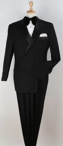 6 Button Jacket Double Breasted Satin Peak Lapel Side Vents Flat Front Pants 100% Polyester Dry Clean Only Imported  All sizes displayed are jacket sizes. All suits come with pants lined to the knee. All pant sizes will be 6 inches smaller then the jacket size. For example a 42 jacket will come with a 36 waist pant. All pants will be unhemmed at the bottom. Luxury Fitted Double-breasted Tuxedo, Elegant Double-breasted Tuxedo With Double Button Closure, Semi-formal Double Breasted Tuxedo Suit With Button Closure, Classic Double-breasted Tuxedo With Hidden Button Closure, Luxury Double Button Closure Semi-formal Tuxedo, Collar Bar Shirt, Tuxedo With Tails, Suits Men Slim, Sharkskin Suit