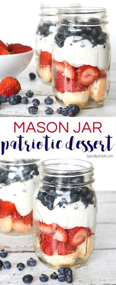 mason jar patriotic dessert with strawberries and blueberries