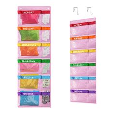 two pink wall hanging organizers with colorful labels on them