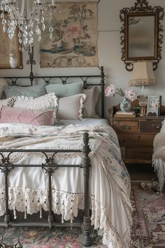 a bed room with a neatly made bed and a chandelier hanging from the ceiling