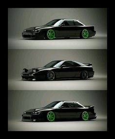 three different views of a black car with green rims