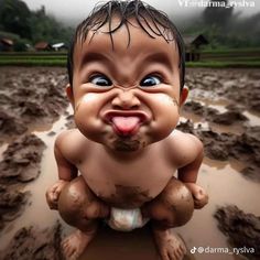 a baby in mud with its tongue out and eyes wide open, making it look like he's crying