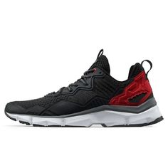 black and red sneakers with white outs