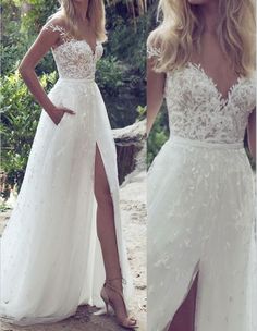 two photos of the same woman in white wedding dresses, one is wearing a high slit skirt