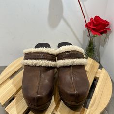 Brand New, No Box Cream Leather Clogs With Wooden Heel, Cream Mules With Wooden Heel And Round Toe, Cream Leather Closed Toe Clogs, Casual Cream Leather Clogs, Cream Leather Mules With Wooden Heel, Cream Closed Toe Clogs With Wooden Heel, Heeled Clogs, Clog Heels, Mule Clogs