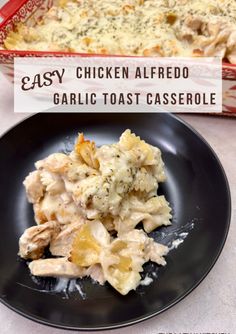 an easy chicken alfredo pasta casserole with garlic and broccoli in a black plate