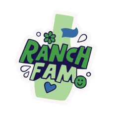 the ranch fam logo is green and has hearts, flowers, and shamrocks on it