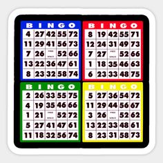 four different colored numbers on a black and white background with the word bingo written in red, green, blue, yellow