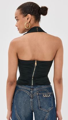 Area Heart Ruched Halter Top | Shopbop Chic Ruched Tank Top For Night Out, Fitted Tank Top With Zipper Closure, Elastane Halter Neck Top For Party, Fitted Party Top With Back Zipper, Sleeveless Ruched Back Top, Ruched Stretch Tank Top For Night Out, Fitted Sleeveless Tank Top With Ruched Back, Stretch Ruched Tank Top For Night Out, Sleeveless Elastane Top With Ruched Back