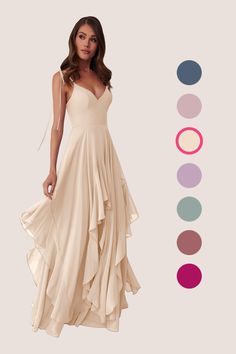 This flowy dress features double adjustable spaghetti straps with a bow tie at the shoulders, pockets, and a ruffled tier handkerchief cut skirt. Coral Bridesmaid Dresses, Evening Accessories, Rose Bridesmaid Dresses, White Bridesmaid Dresses, White Alabaster, Mother Wedding Dress, Chiffon Bridesmaid Dresses, Azazie Bridesmaid Dresses, Mai Tai