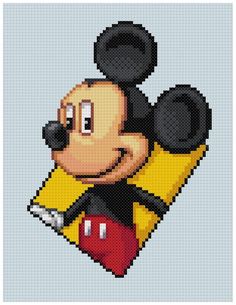 a cross stitch mickey mouse with a yellow and black hat on it's head