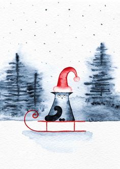 a watercolor painting of a black cat wearing a santa hat on top of a sled