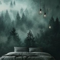 an image of a forest scene with fog in the air and lights hanging from the ceiling